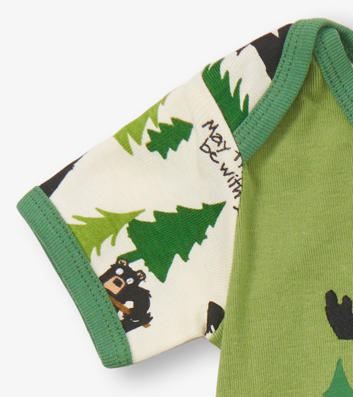 Green baby bodysuit with short sleeves featuring a forest pattern of trees and bears, ideal for infants.