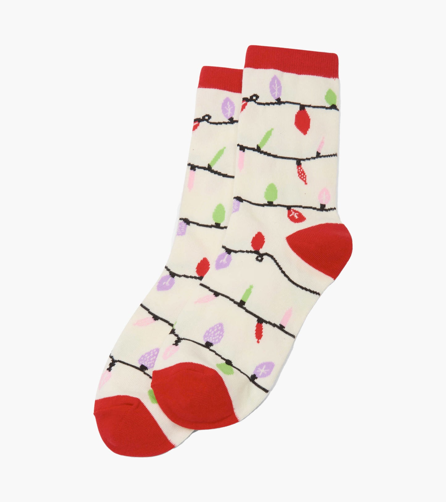 Cream crew socks featuring a holiday lights pattern with red accents and a soft, comfortable fit.