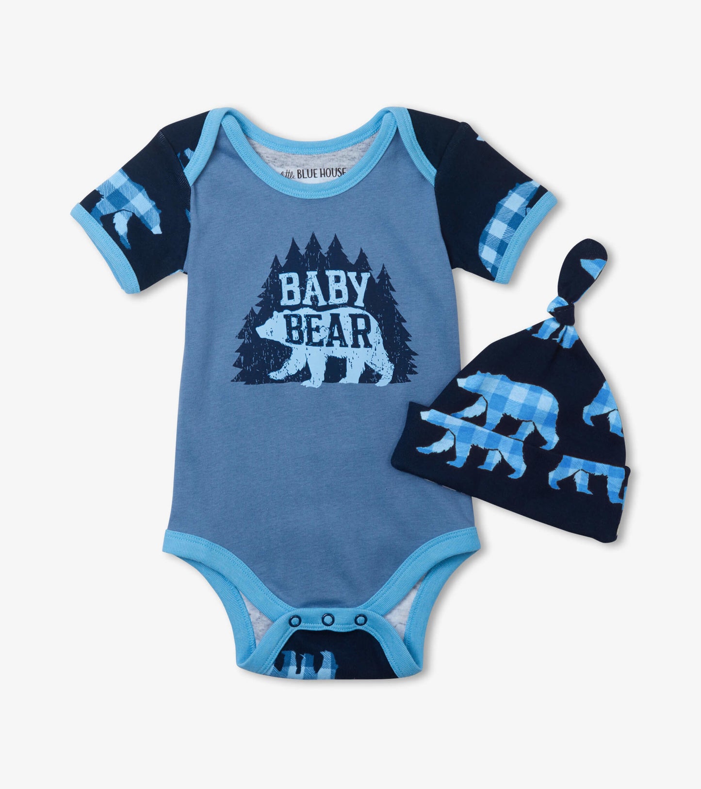 Blue baby bodysuit with bear graphic and navy sleeves, paired with a matching hat featuring a bear pattern.