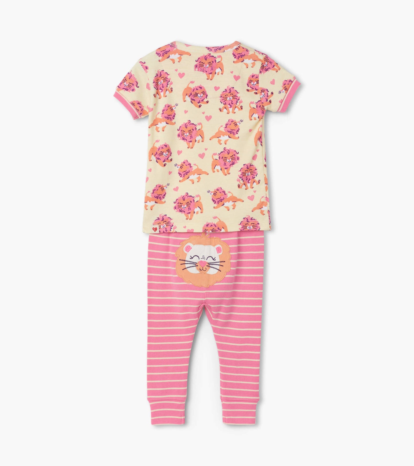Short sleeve pajama set featuring a lion print top and pink striped pants with a lion face appliqué on the back.