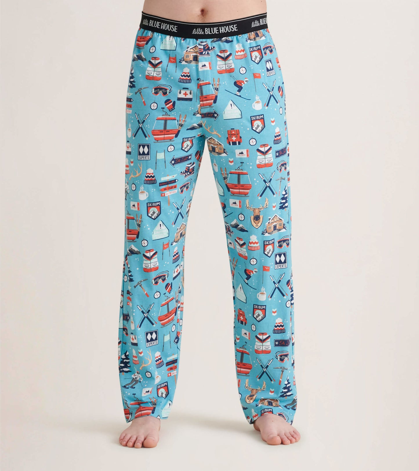 Light blue pajama pants featuring a fun ski-themed print, made of stretch cotton for comfort.