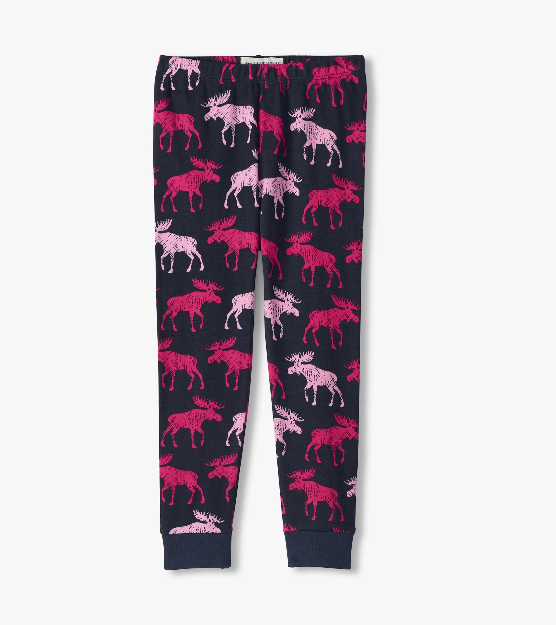 Navy pajama pants featuring a playful pattern of pink and raspberry moose silhouettes. Soft, stretchy fabric for comfort.