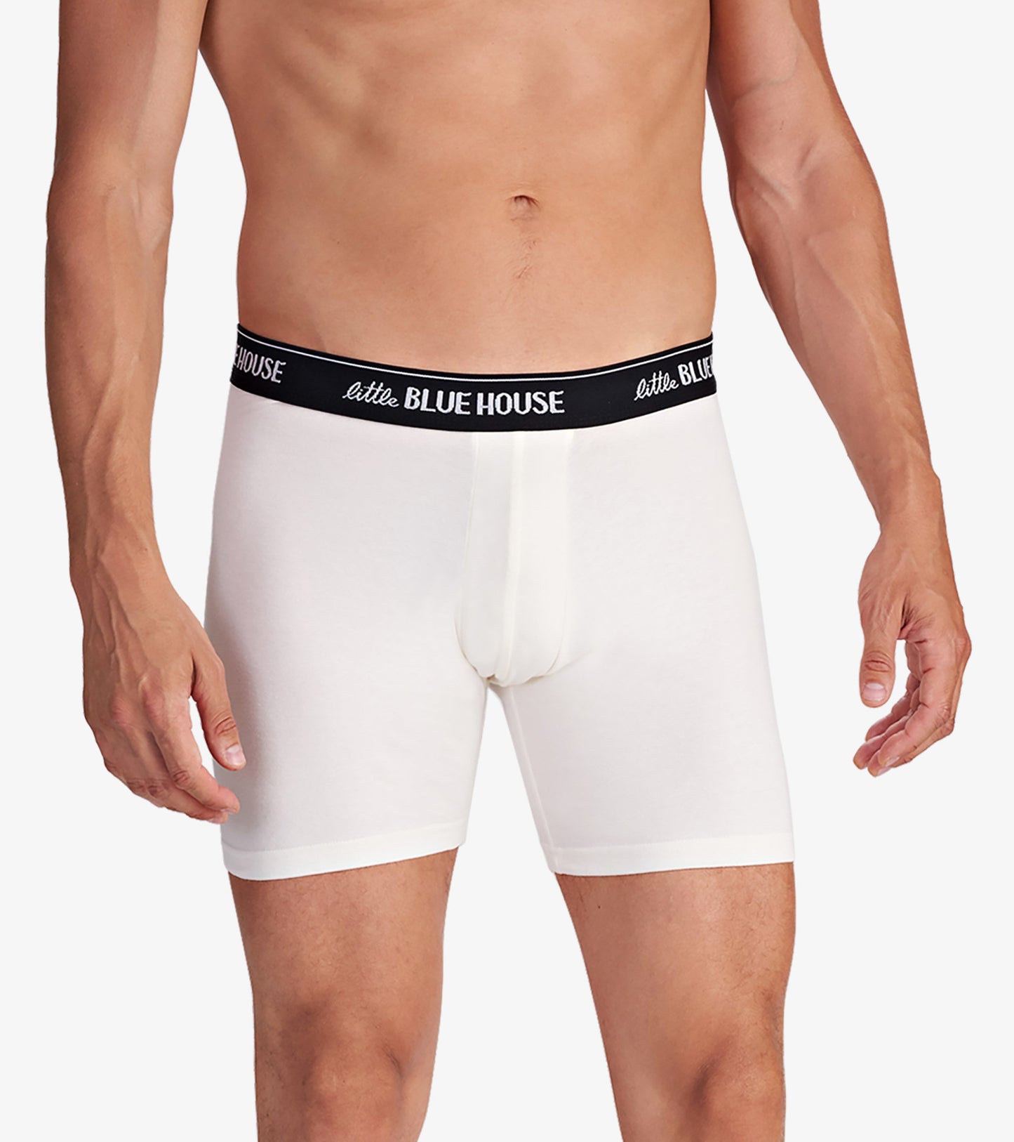 White men's boxer briefs with a black waistband, featuring a snug fit and a front pouch.