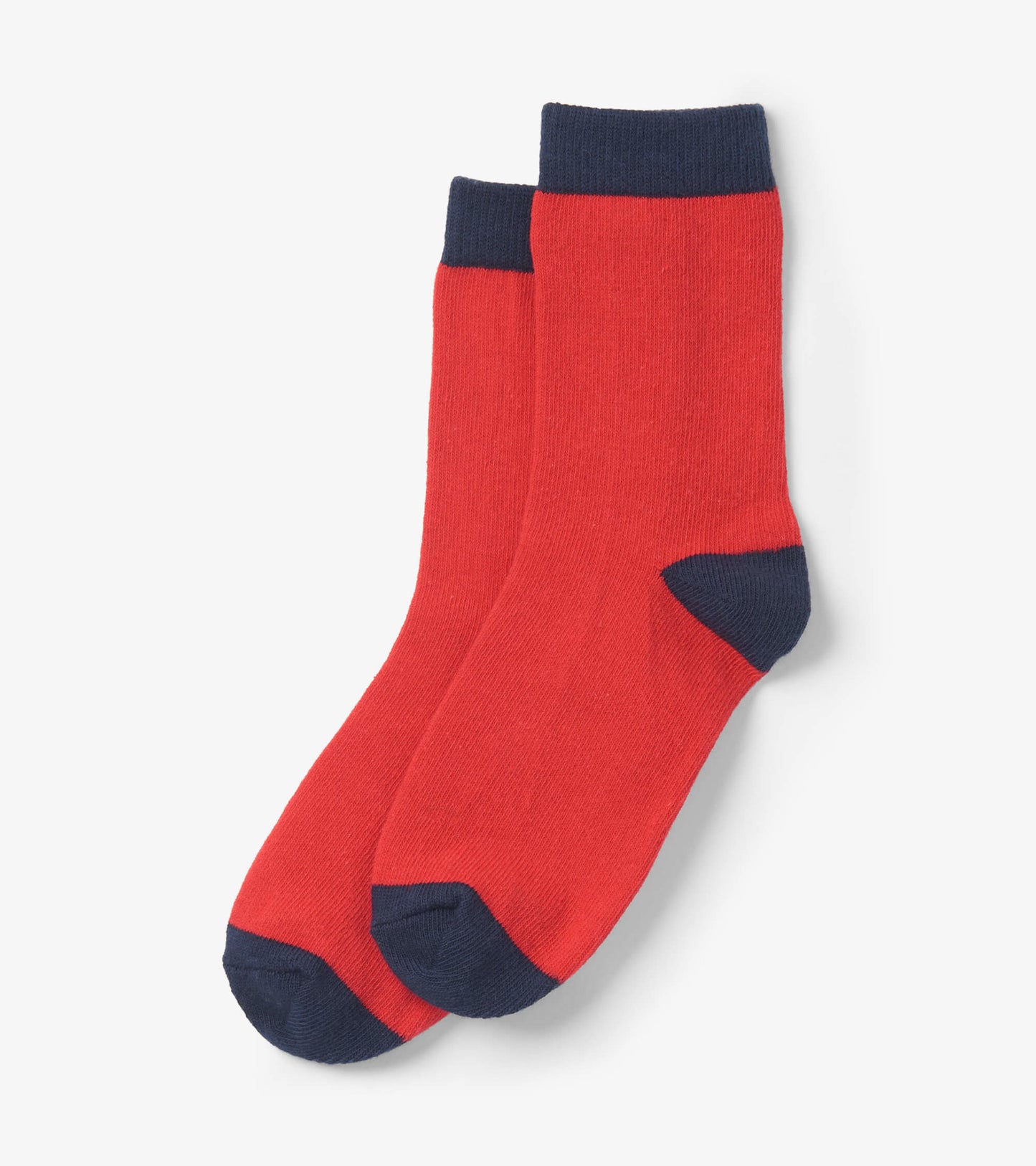 Red crew socks with navy cuffs and heels, suitable for kids aged 2-12. Soft knit material for comfort.