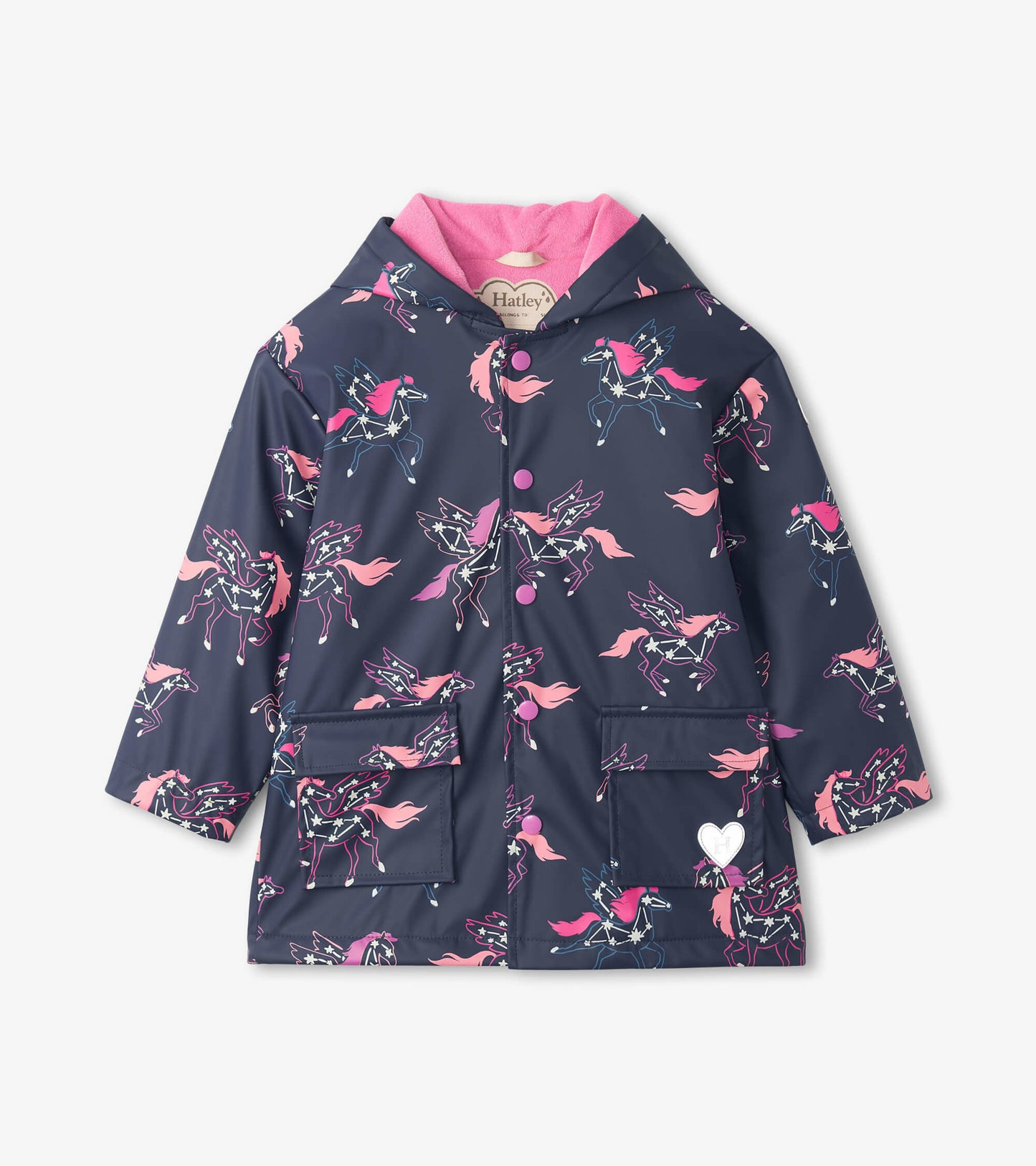 Navy rain jacket featuring colorful unicorn constellations, pink lining, and front pockets. Ideal for rainy days.