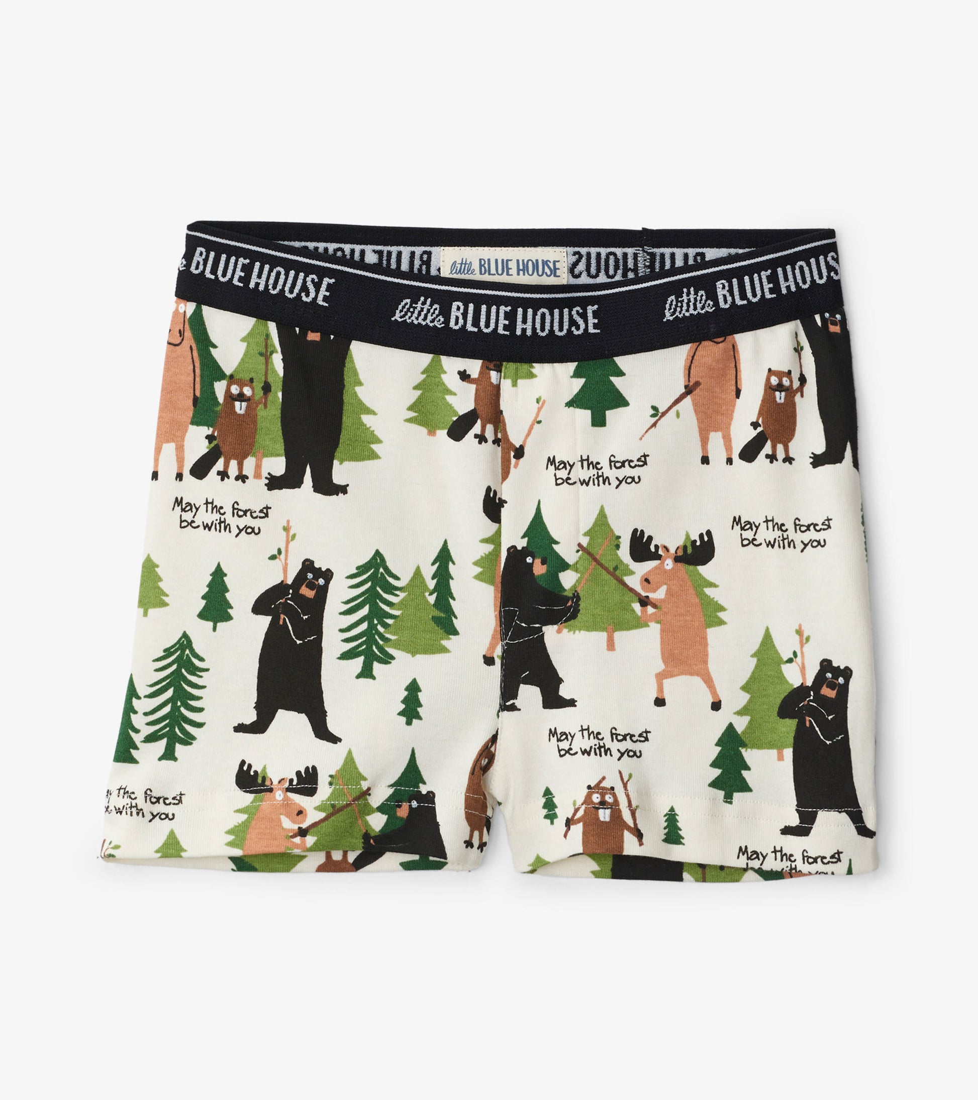 Boys' boxer briefs featuring a playful forest animal print with bears, moose, and trees on a cream background.