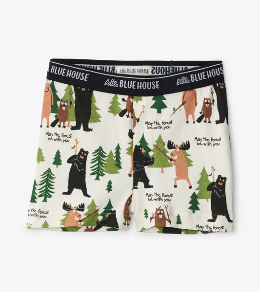 Boys' boxer briefs featuring a playful forest animal print with bears, moose, and trees on a cream background.