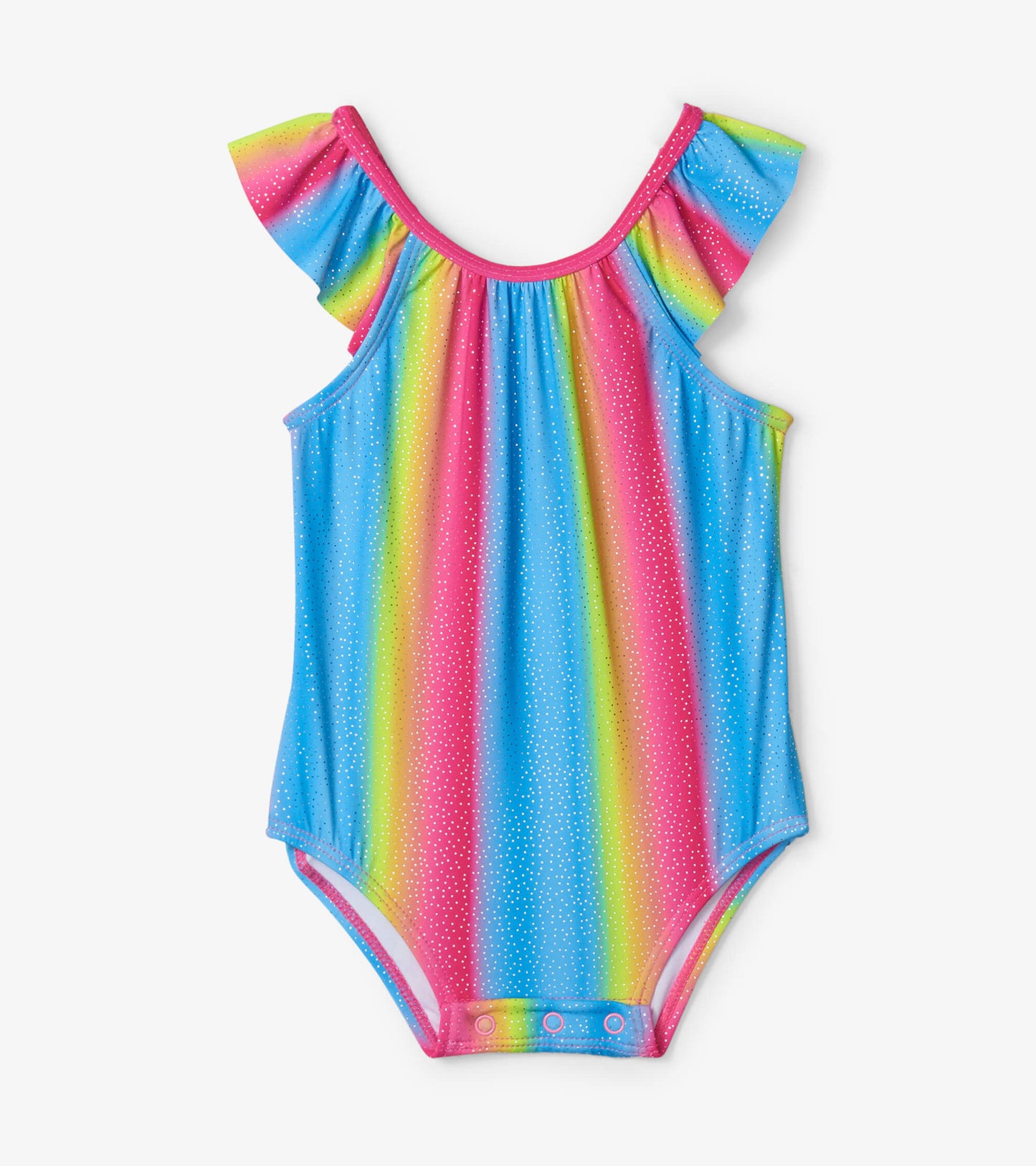 Colorful rainbow-striped swimsuit with ruffle sleeves and snap closure at the bottom, suitable for infants.