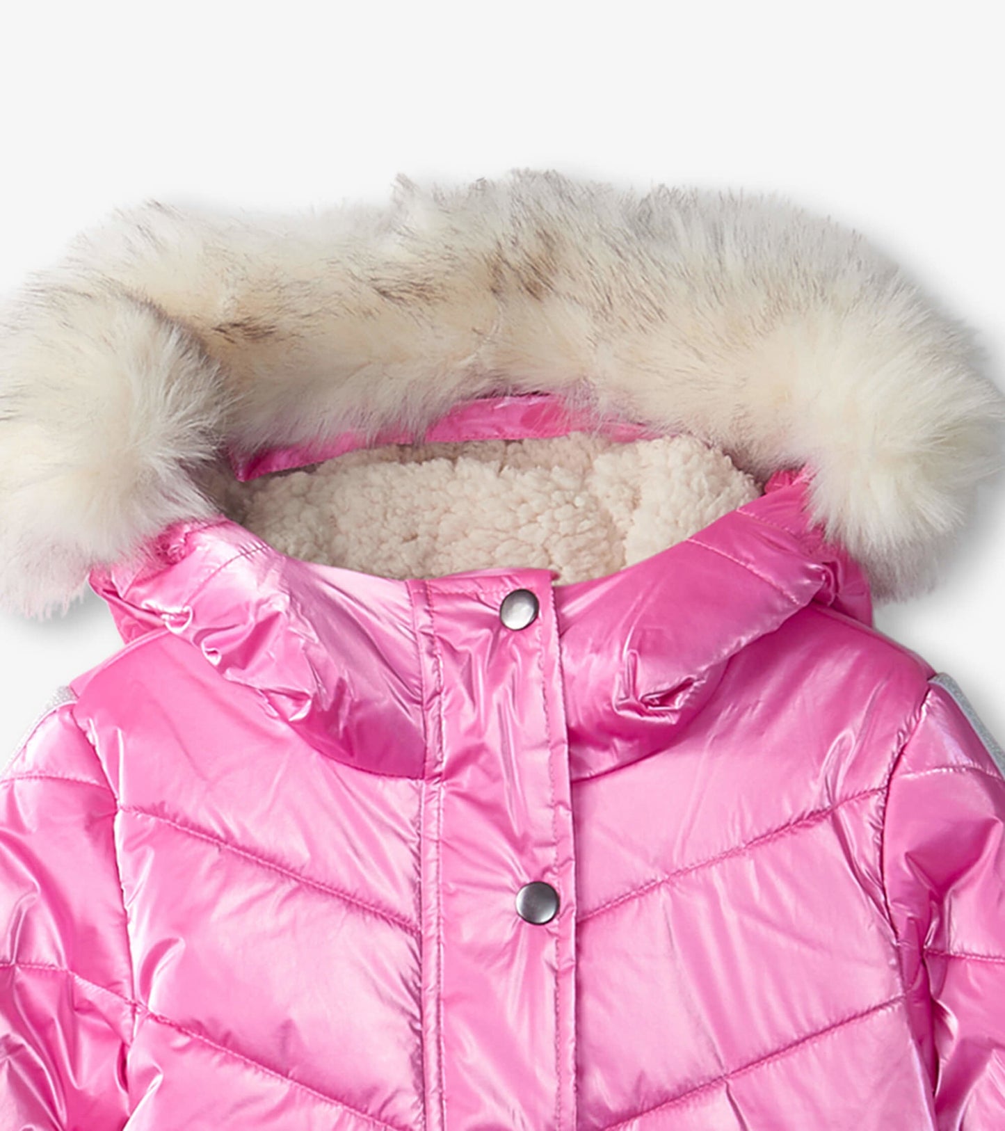 Pink puffer jacket with a shiny finish, featuring a faux fur hood and soft lining, designed for kids.