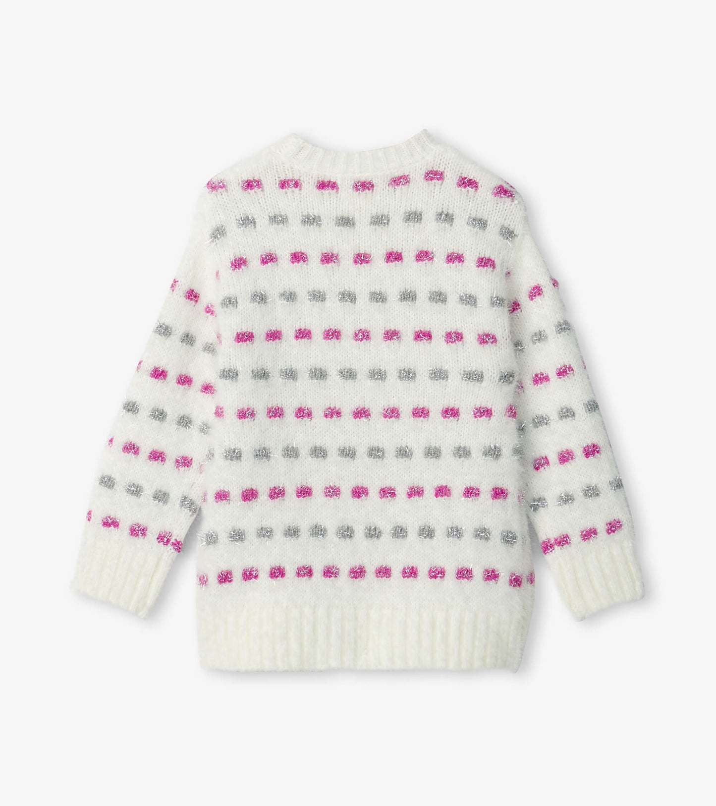 Back view of a girls' sweater tunic in white with pink and gray woven dots, featuring a cozy, relaxed fit.