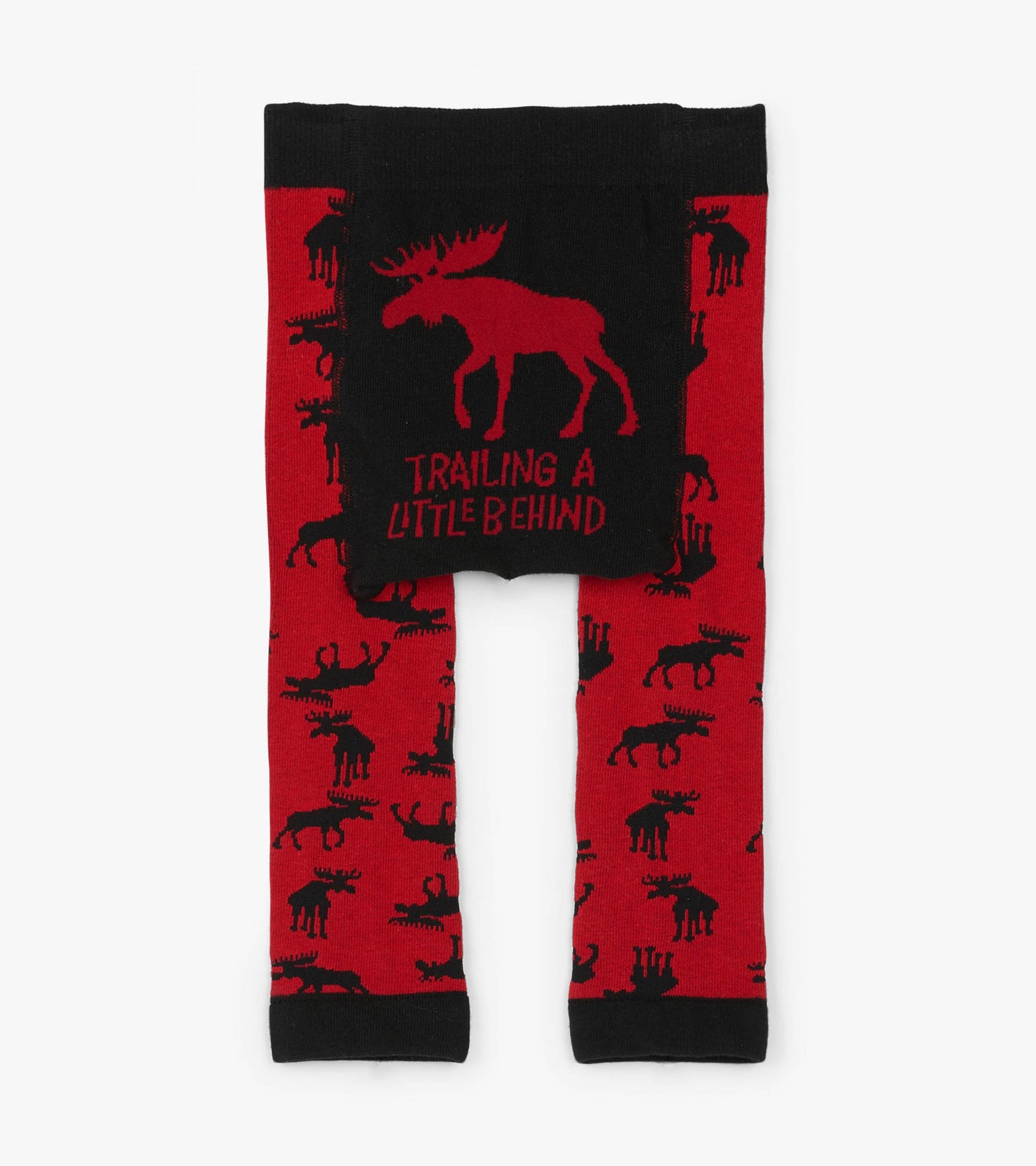 Red baby tights featuring a moose pattern and black waistband, ideal for keeping little legs warm.