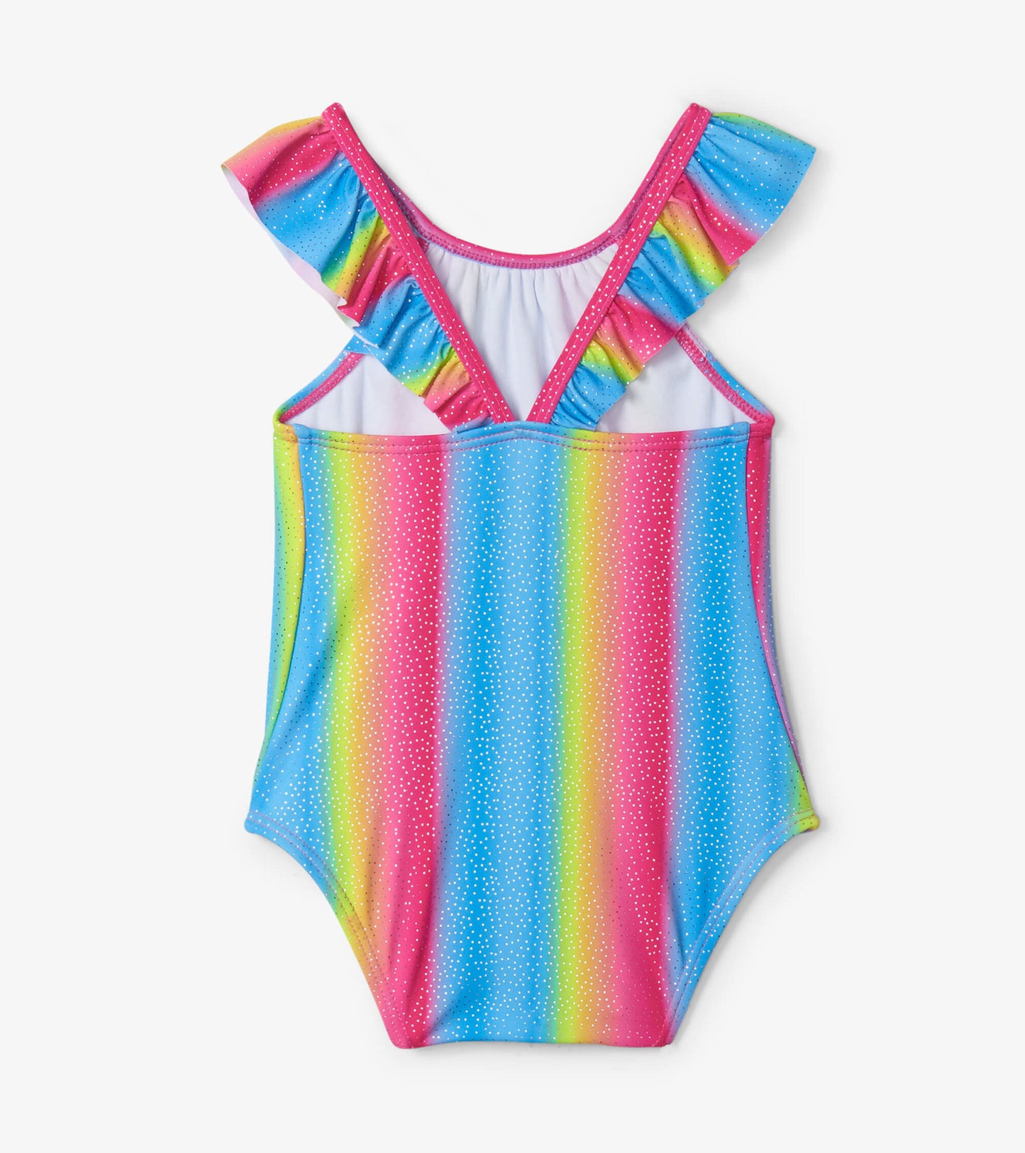 Colorful rainbow-striped swimsuit with ruffled straps and polka dots, designed for infants.