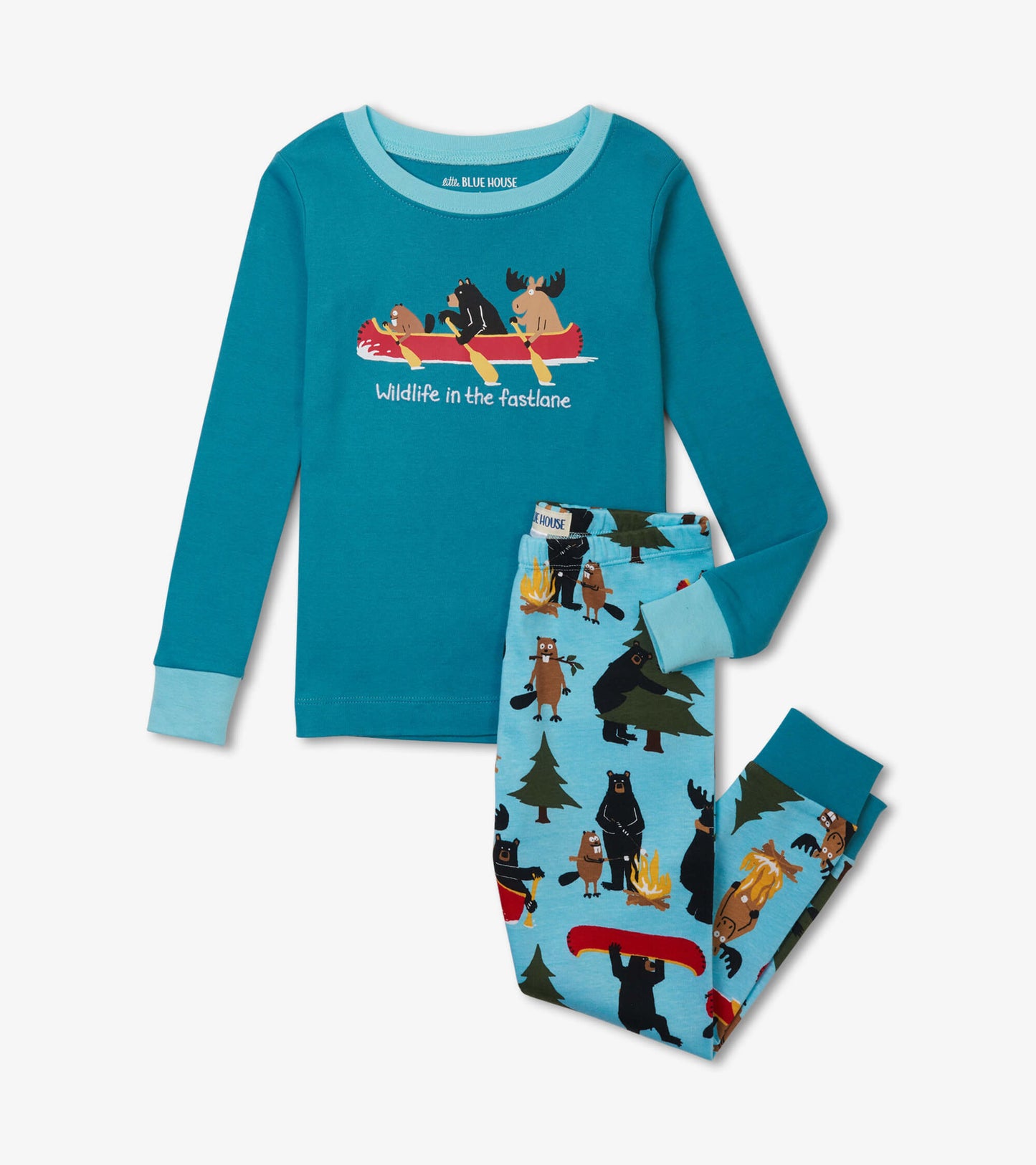 Teal long-sleeve pajama top with wildlife graphic, paired with light blue pants featuring playful animal patterns.