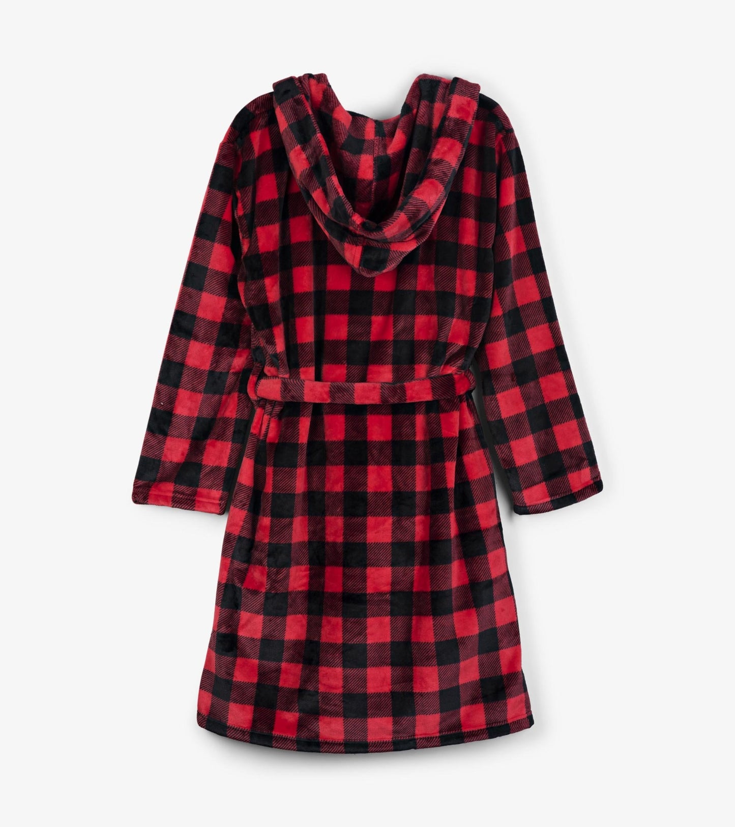 Red and black buffalo plaid fleece robe with a hood and belt, featuring long sleeves and a relaxed fit.