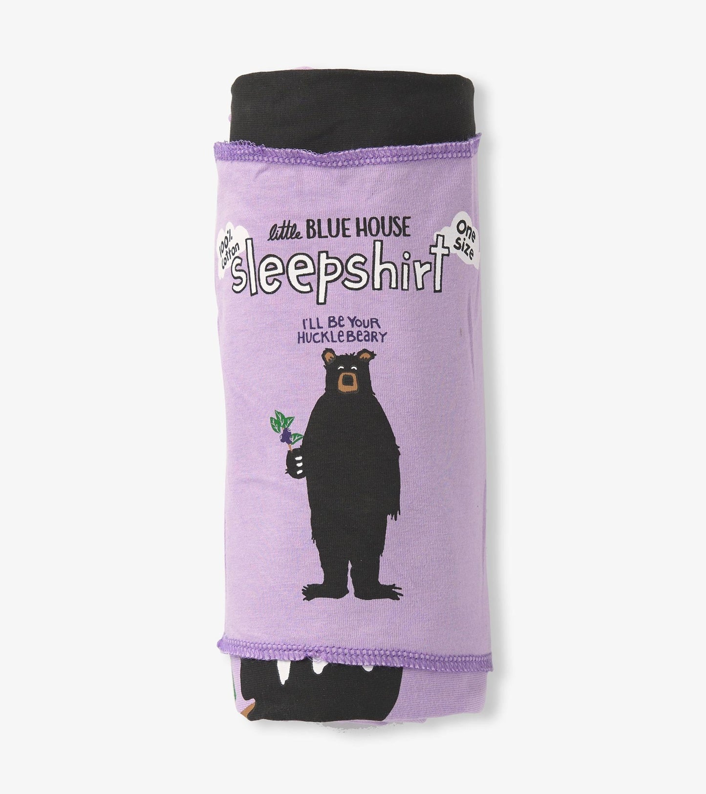 Purple sleepshirt featuring a bear graphic and text, rolled up for display, made from soft cotton material.