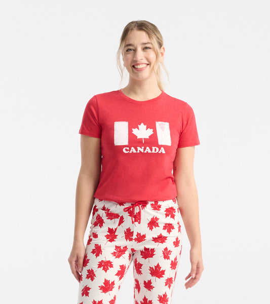 Red women's pajama t-shirt featuring a Canadian flag graphic, short sleeves, and a relaxed fit.
