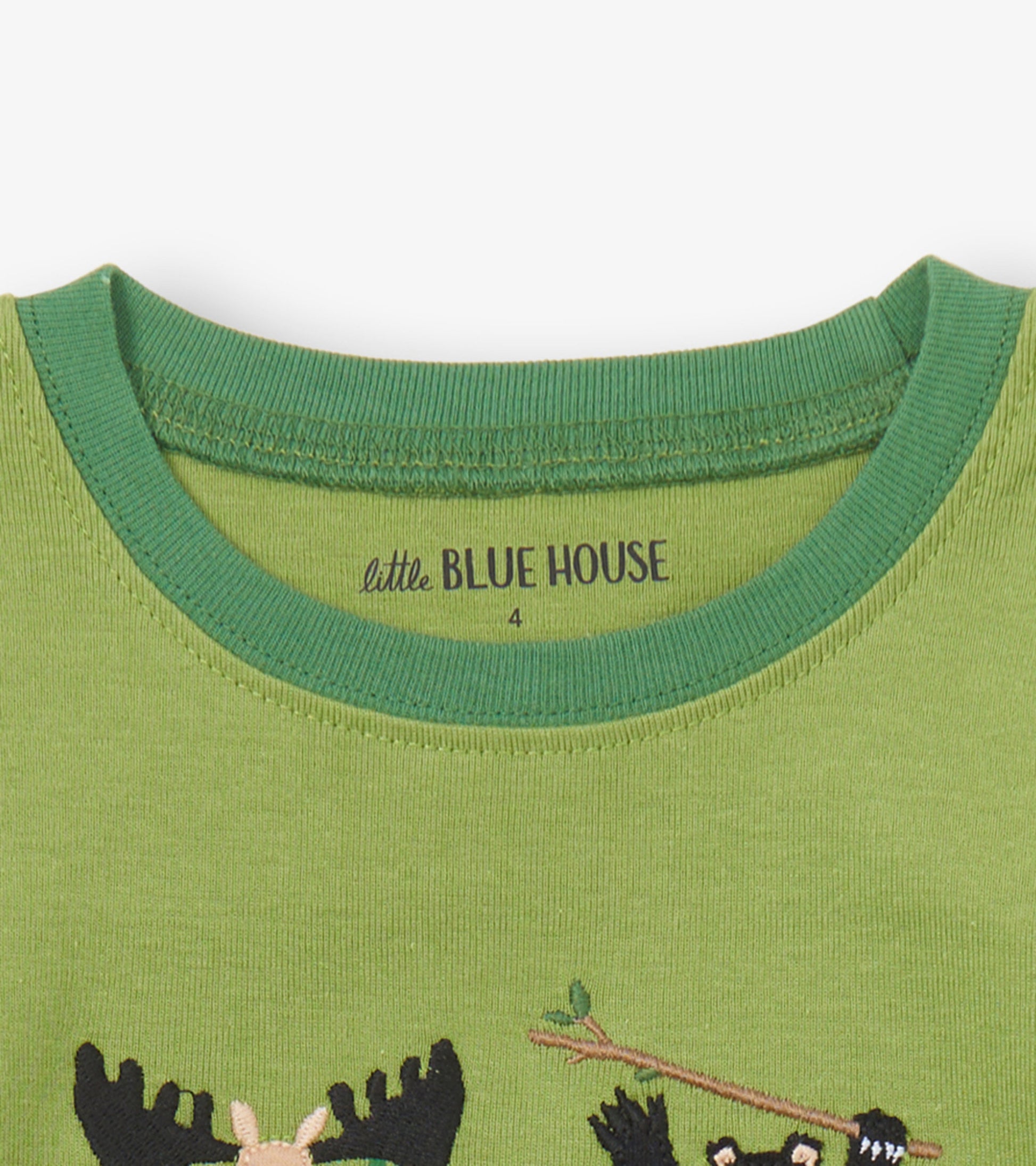 Green kids' pajama top featuring playful animal embroidery and a ribbed neckline.