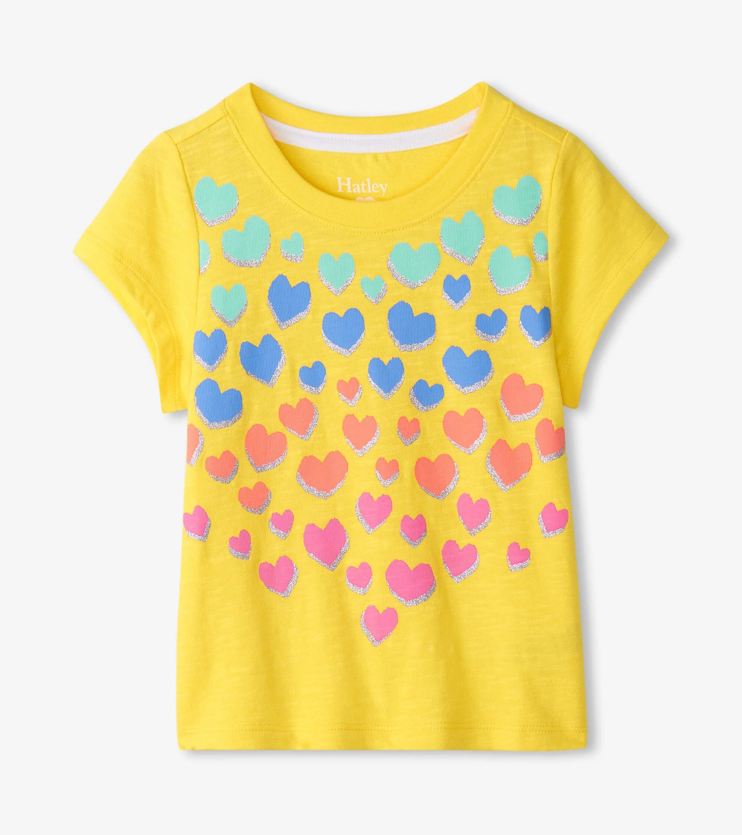 Yellow graphic tee featuring a colorful heart pattern in various shades, perfect for casual wear.