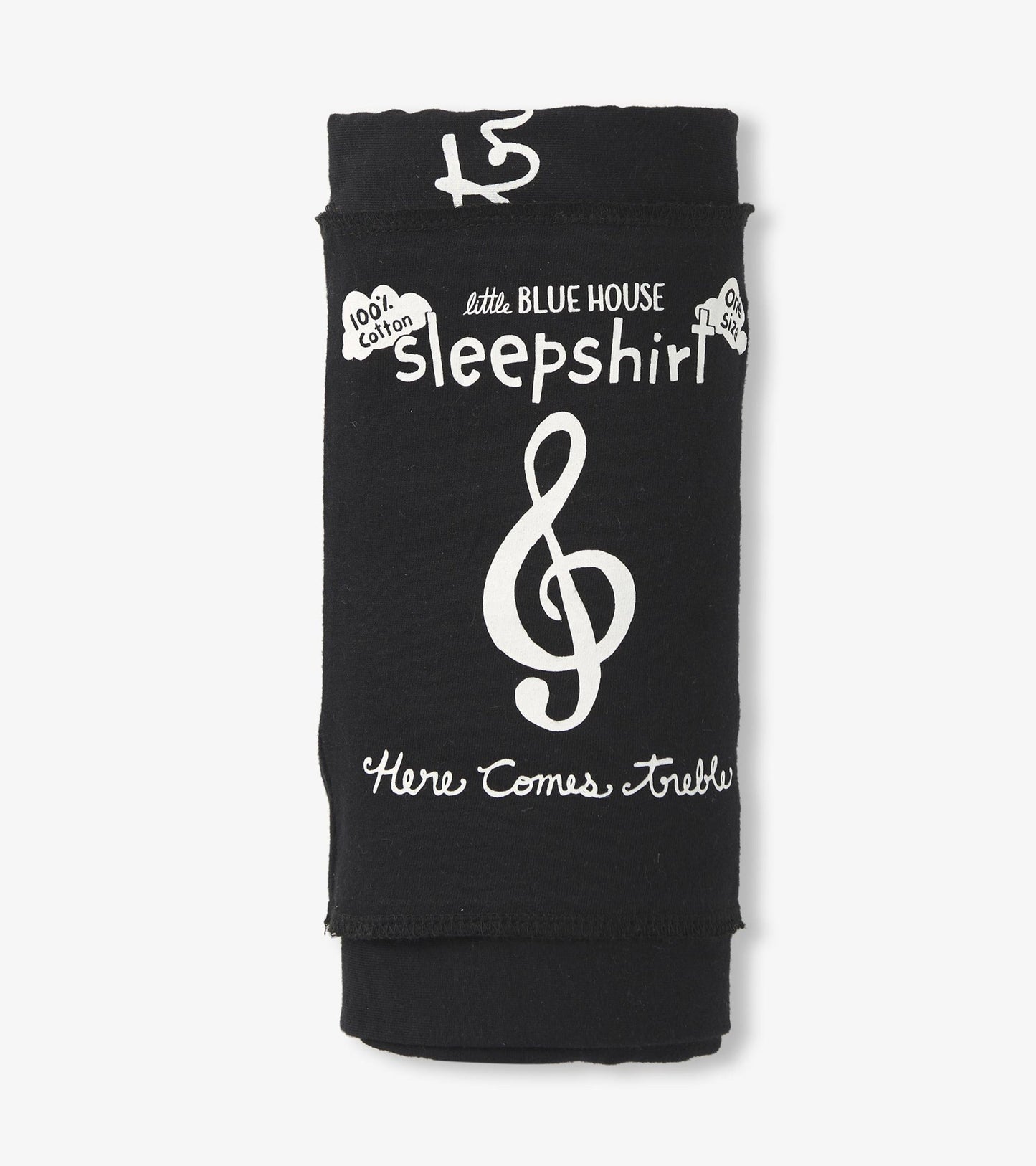 Black cotton sleepshirt featuring a musical treble clef design and white text, rolled up for display.