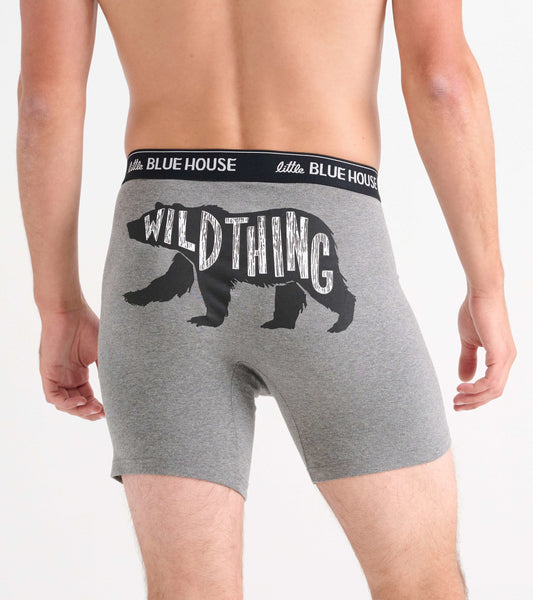 Gray boxer briefs featuring a bear graphic and the text "WILD THING" on the back, with a black waistband.