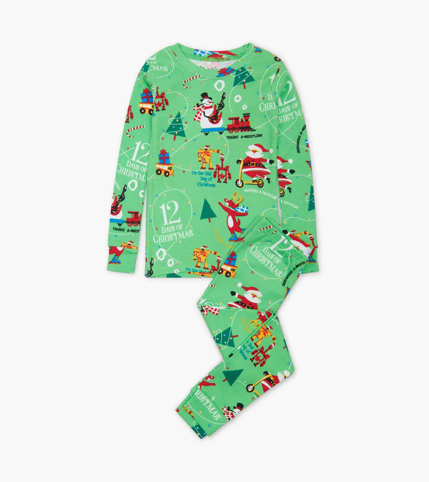 Green pajama set featuring festive Christmas patterns, including trees, gifts, and characters, with long sleeves and pants.