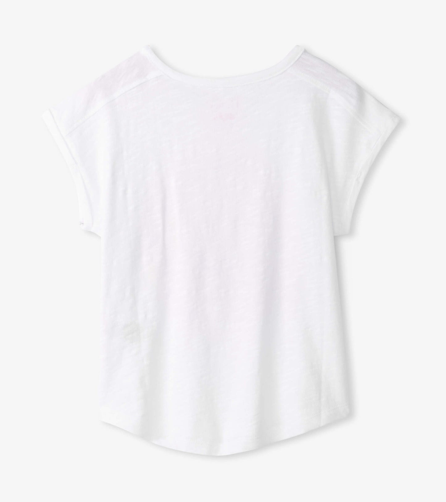 White relaxed t-shirt with short sleeves and a rounded neckline, featuring a soft, lightweight fabric.