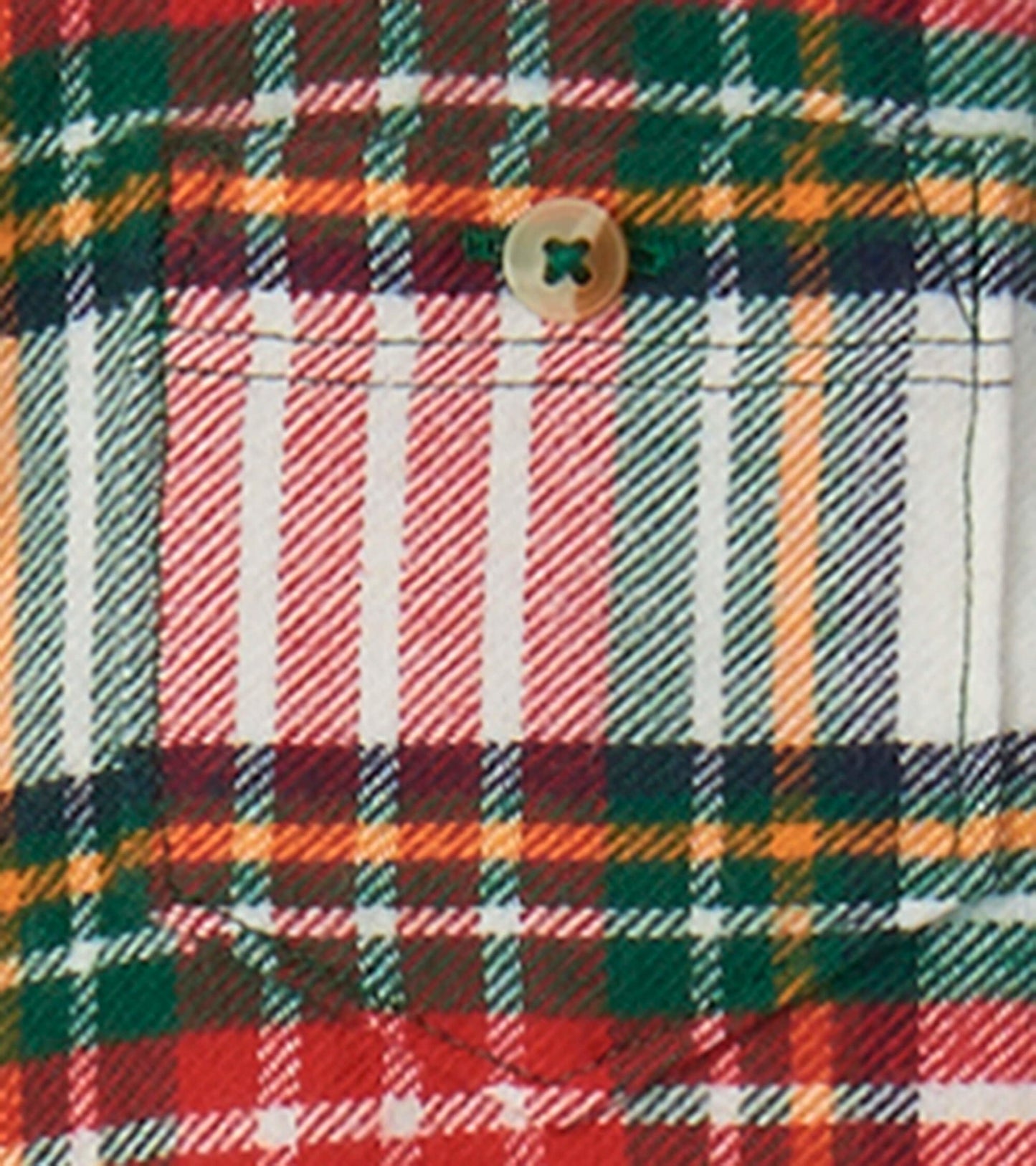 Red, green, and orange plaid button-down shirt for babies, featuring a single chest pocket and a classic collar.
