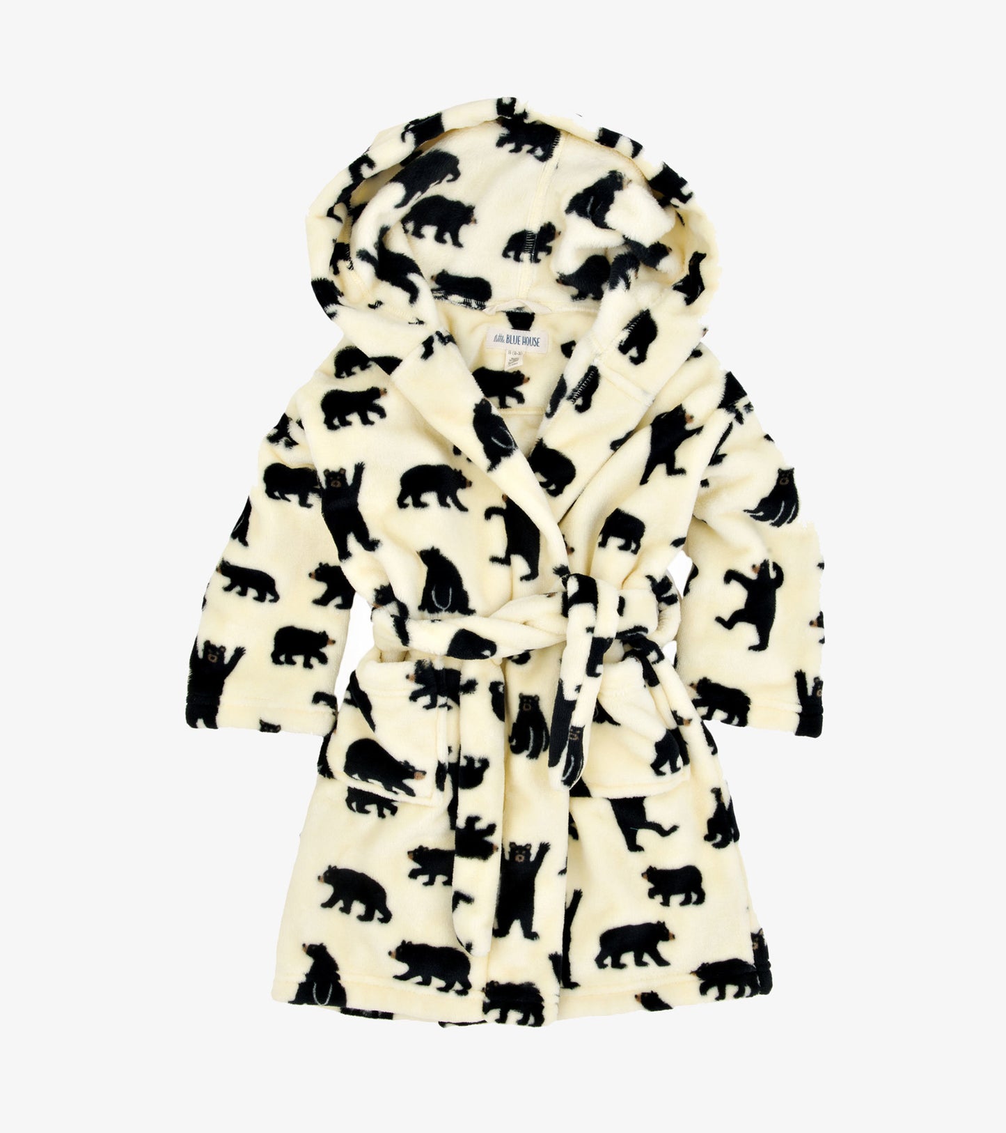 Cream fleece robe featuring black bear silhouettes, with a hood and tie belt, suitable for kids ages 2-10.