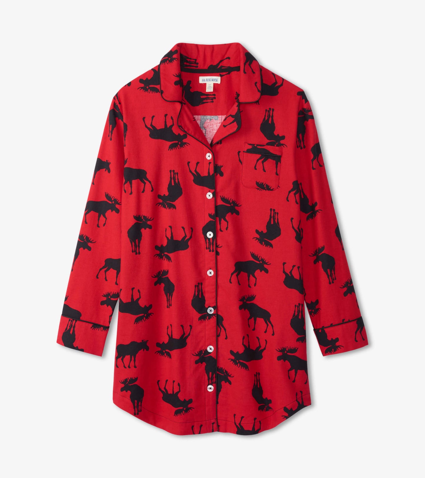 Red flannel nightgown featuring a black moose pattern, button-up front, and long sleeves.
