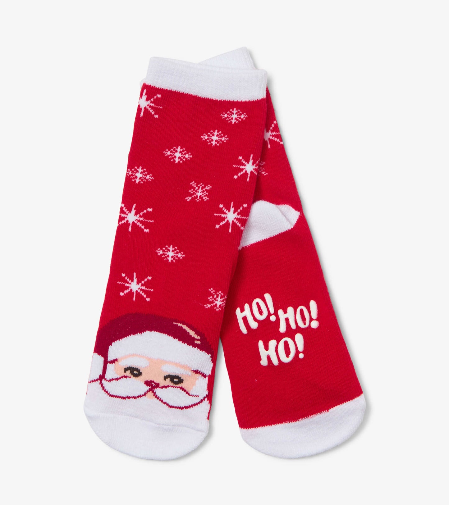 Red socks featuring a Santa face design with snowflakes and "Ho! Ho! Ho!" text, made from soft material.