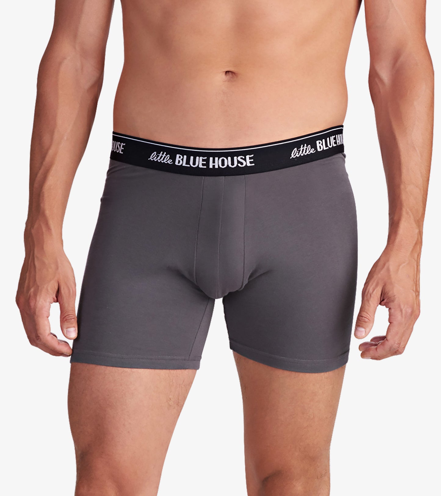 Gray men's boxer briefs with a black waistband, designed for comfort and a snug fit.