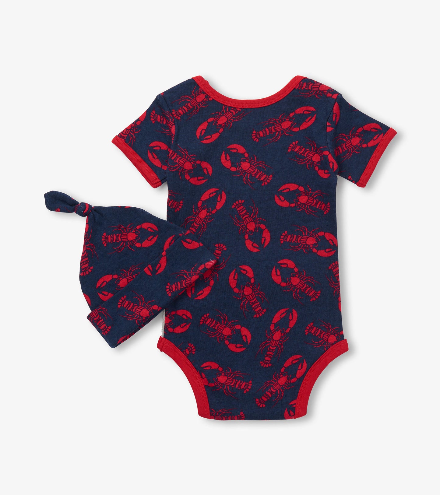 Navy baby bodysuit with red lobster print and matching hat, made from soft cotton, suitable for infants.