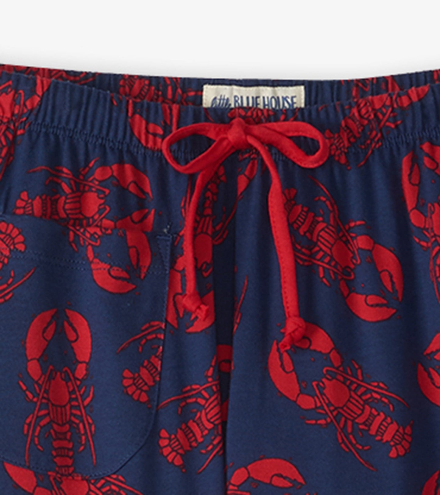 Navy cotton pajama pants featuring a red lobster print and a drawstring waist.