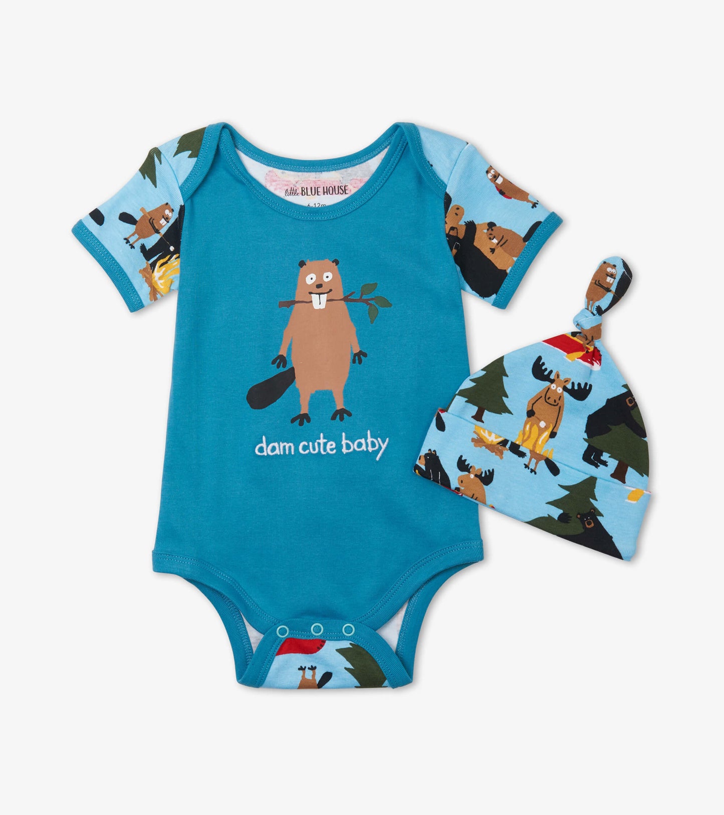 Turquoise bodysuit with beaver graphic and matching hat featuring woodland animals and trees. Suitable for infants.