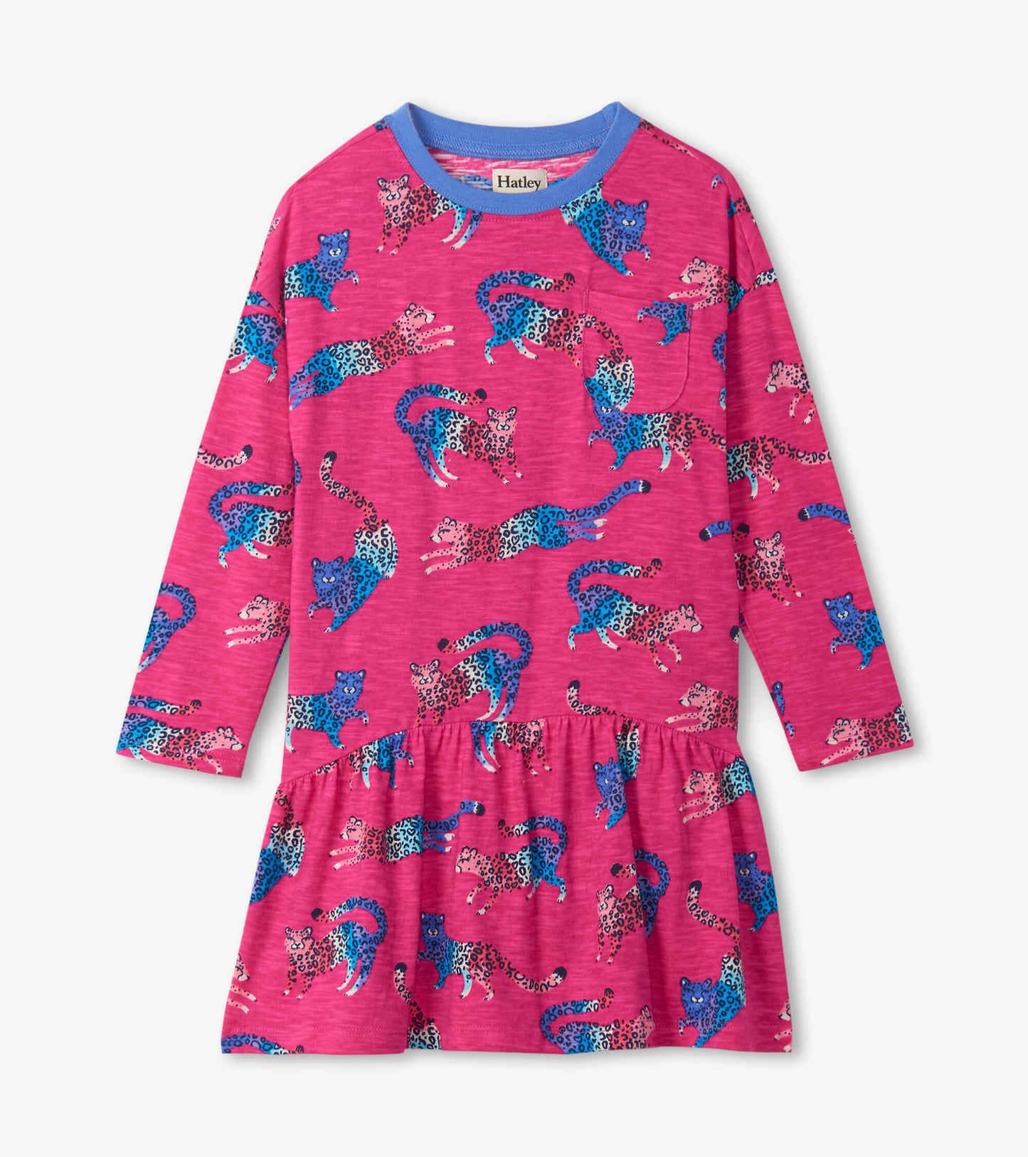 Pink long-sleeve dress featuring a playful cheetah print in blue and black, with a gathered skirt and round neckline.