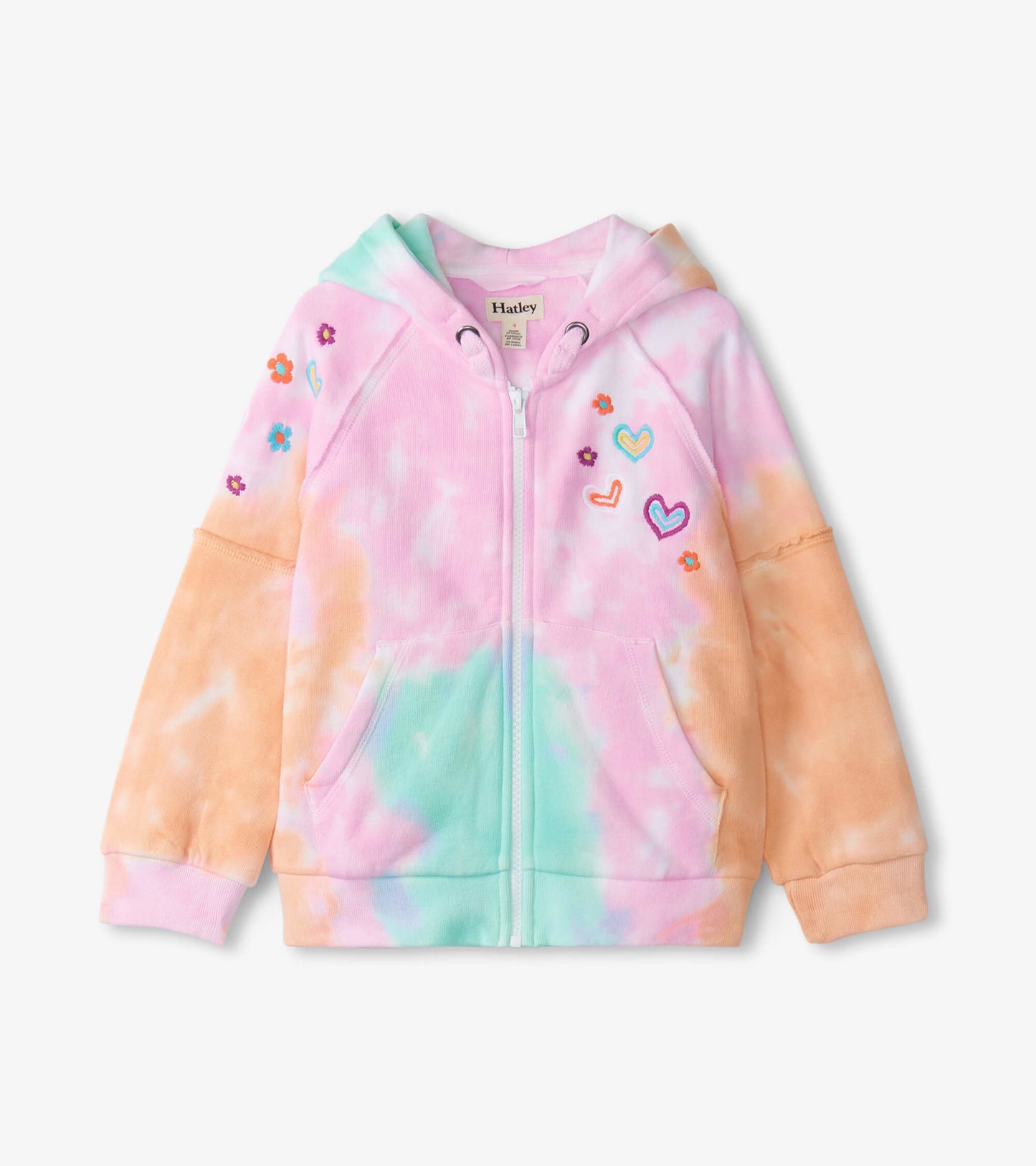 Tie-dye hoodie in pastel pink, orange, and green with floral and heart embroidery, featuring a front zipper and pockets.