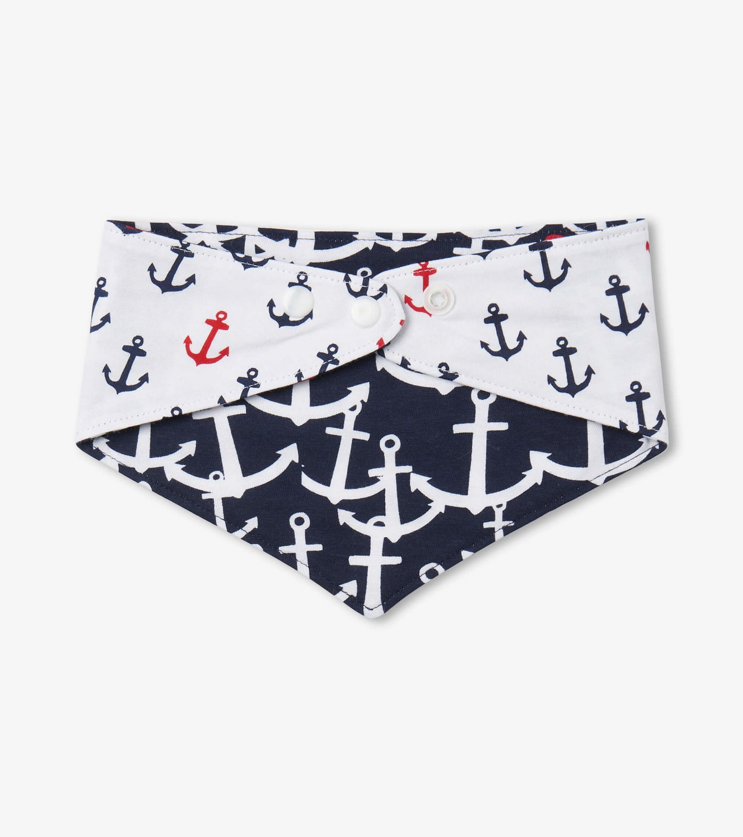 Reversible dog bandana featuring a navy anchor pattern on one side and a white anchor print on the other.