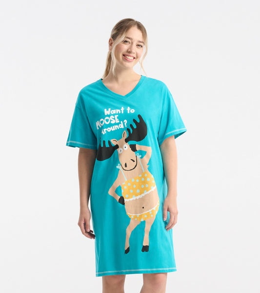 Turquoise sleepshirt featuring a playful moose graphic and polka dot design, with a relaxed fit and V-neckline.