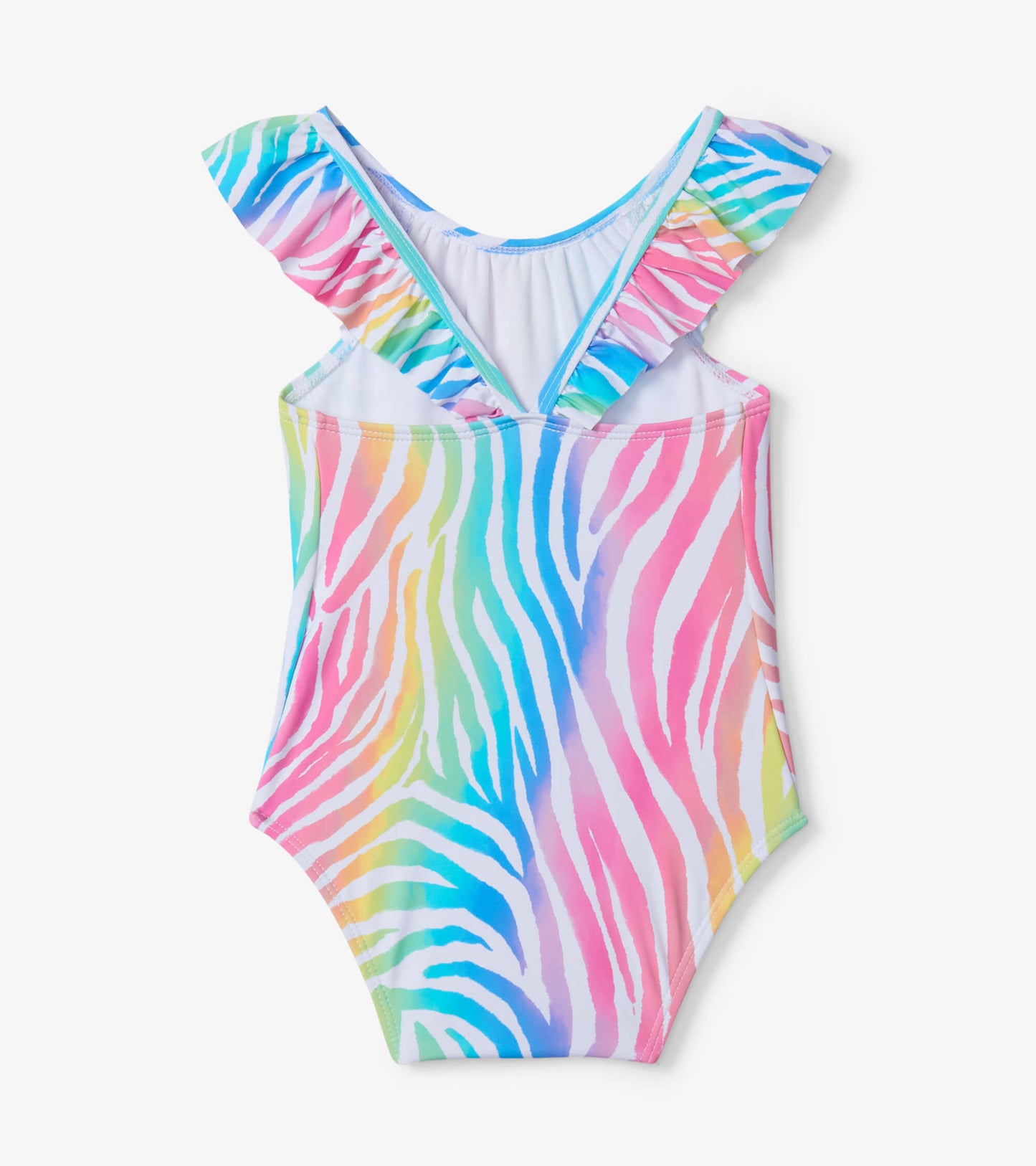 Colorful rainbow zebra print baby swimsuit with ruffle straps, designed for infants aged 3-24 months.