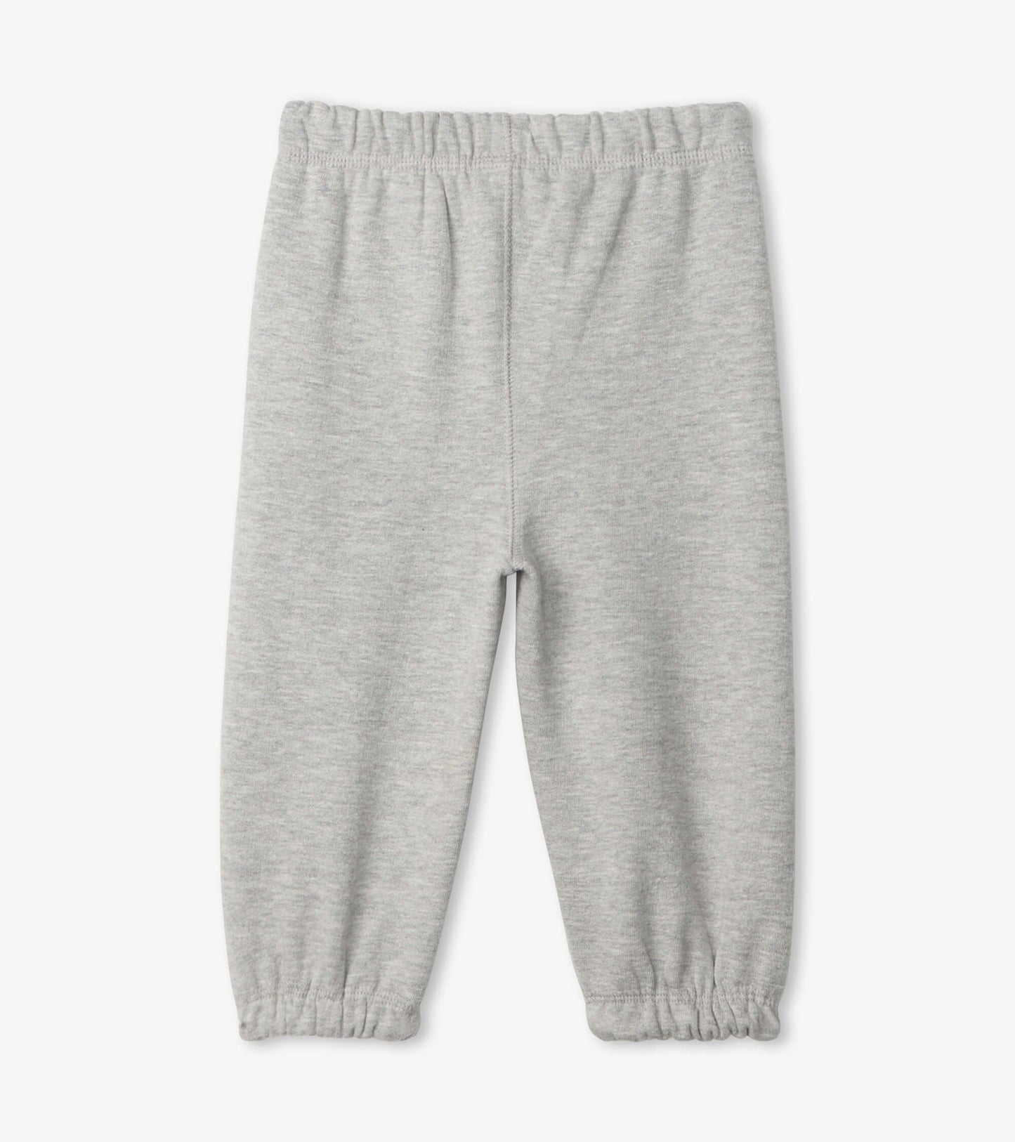 Light grey French terry baby joggers with an elastic waistband and gathered cuffs. Suitable for casual wear.