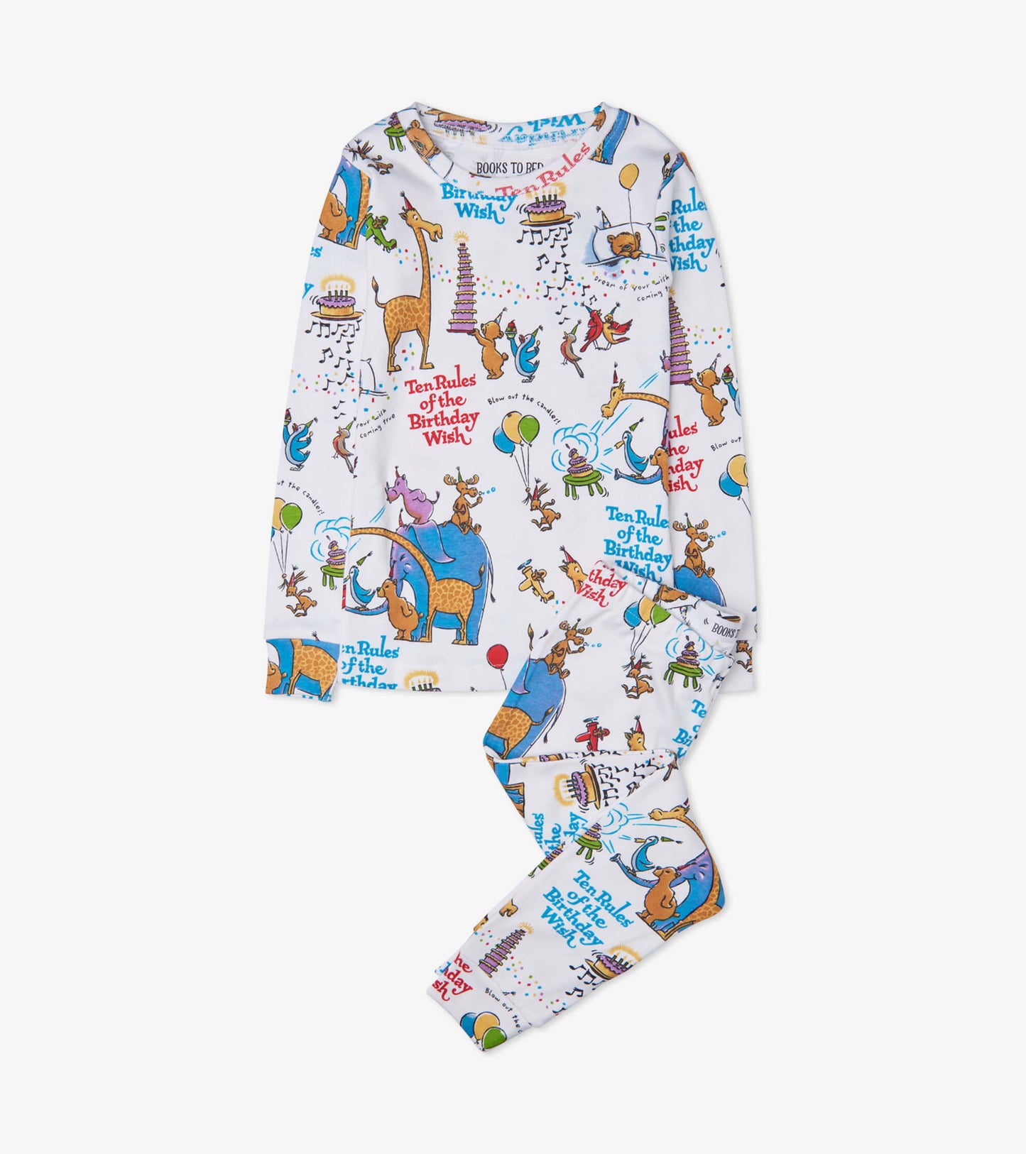 Colorful pajama set featuring playful animal illustrations and birthday-themed graphics on a white background.