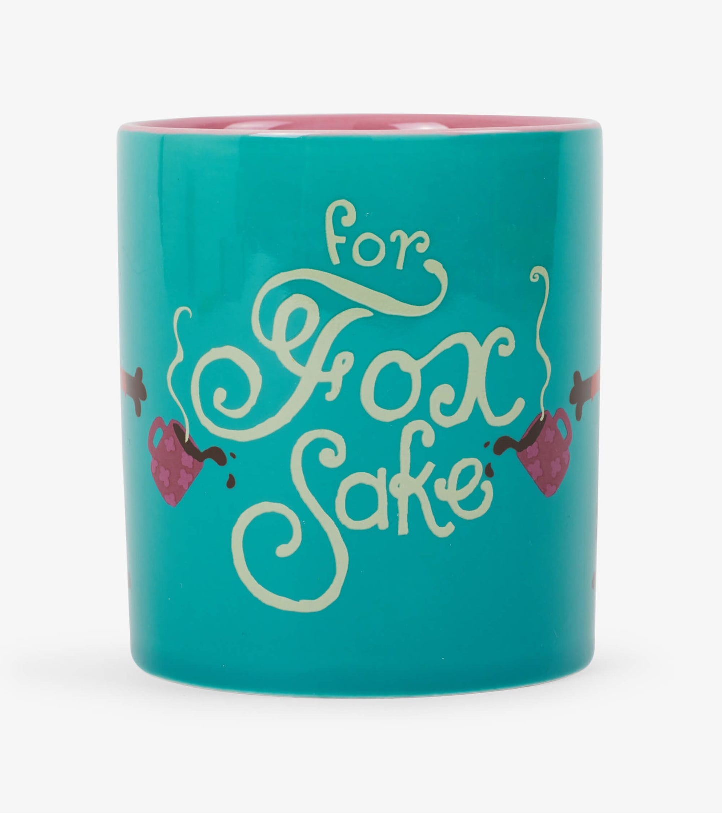 Turquoise ceramic mug featuring whimsical text and heart designs, perfect for enjoying hot beverages.