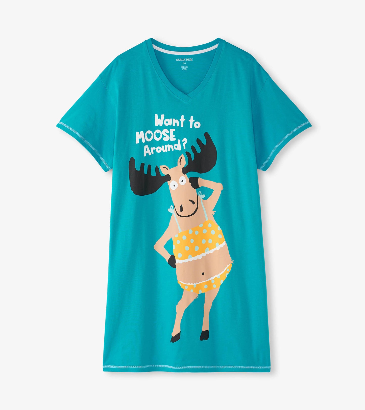 Turquoise sleepshirt featuring a playful moose graphic in a yellow polka dot outfit and a V-neck design.