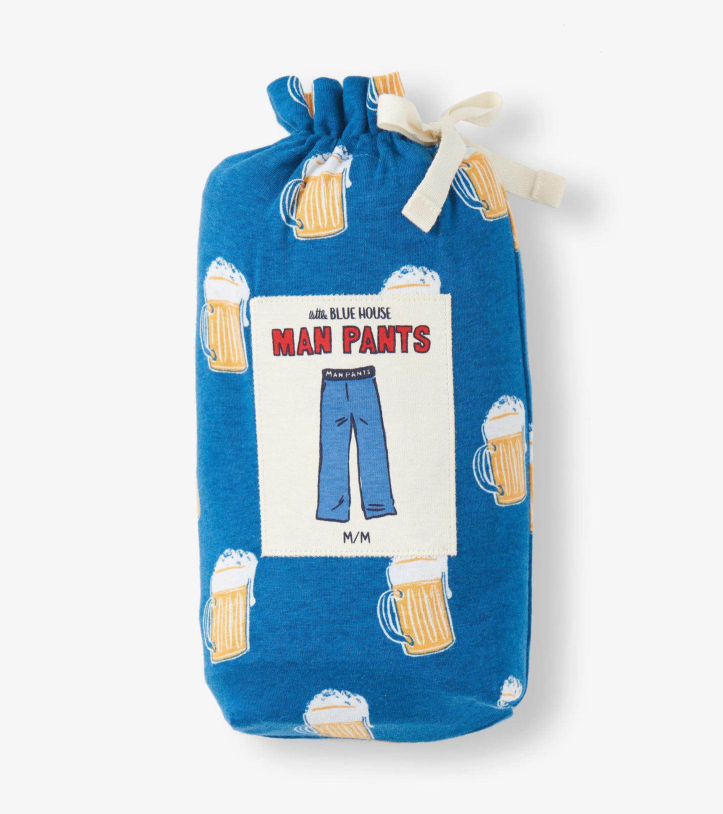 Blue drawstring bag featuring a "Man Pants" graphic and beer mug pattern. Suitable for casual wear.