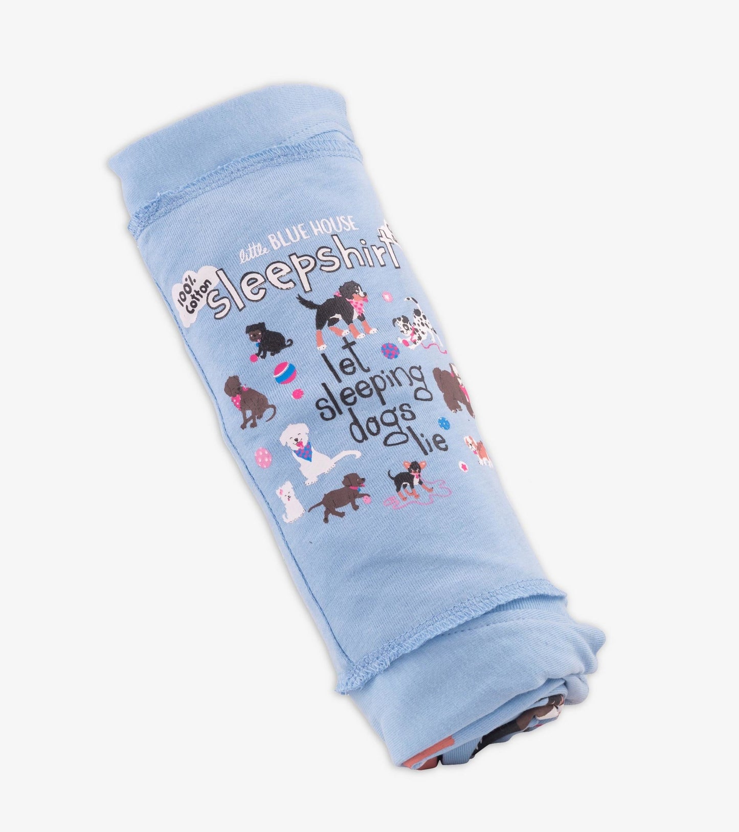Light blue cotton sleepshirt featuring playful dog graphics and text, rolled up for display. One size fits all.