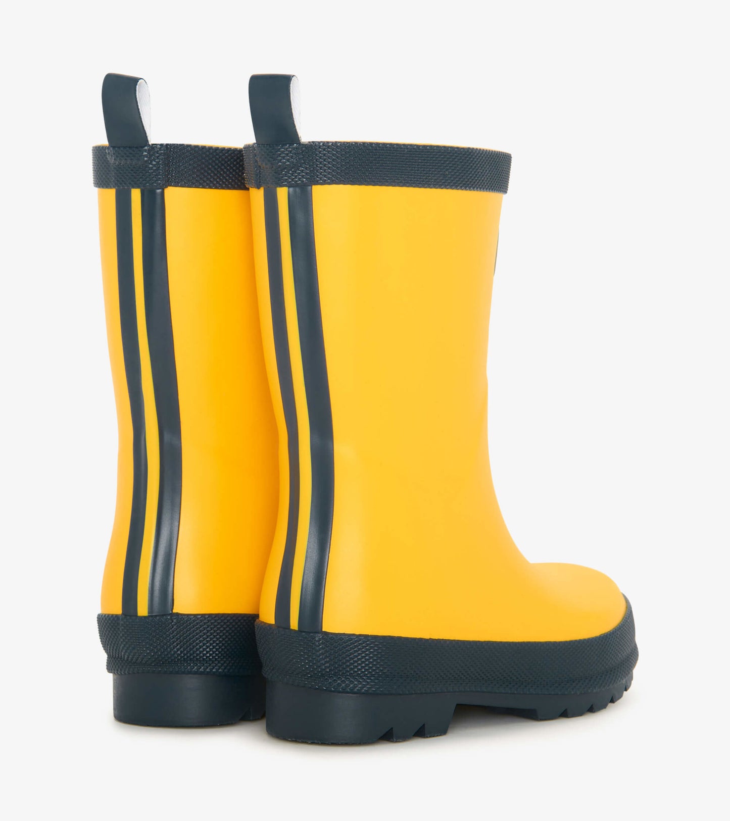 Yellow and navy matte rain boots with a textured sole and side stripes, designed for kids.
