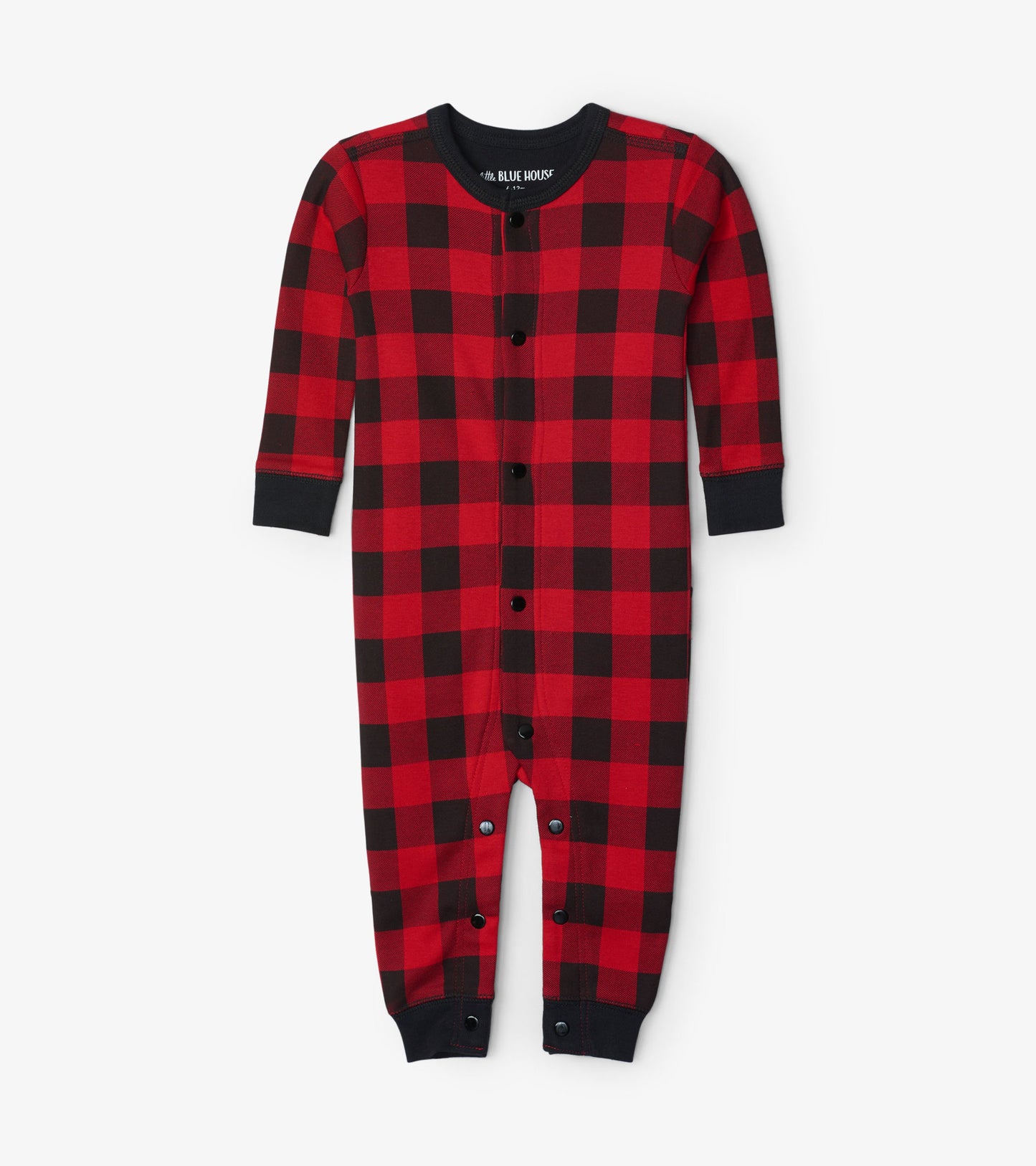 Red and black plaid baby union suit with long sleeves and snap closures at the bottom.