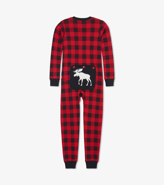Red and black plaid kids' onesie with a white moose design on the back and black cuffs.