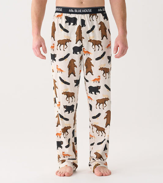 Men's cotton blend pajama pants featuring a wildlife pattern with bears, moose, and foxes in earthy tones on a cream backgro…