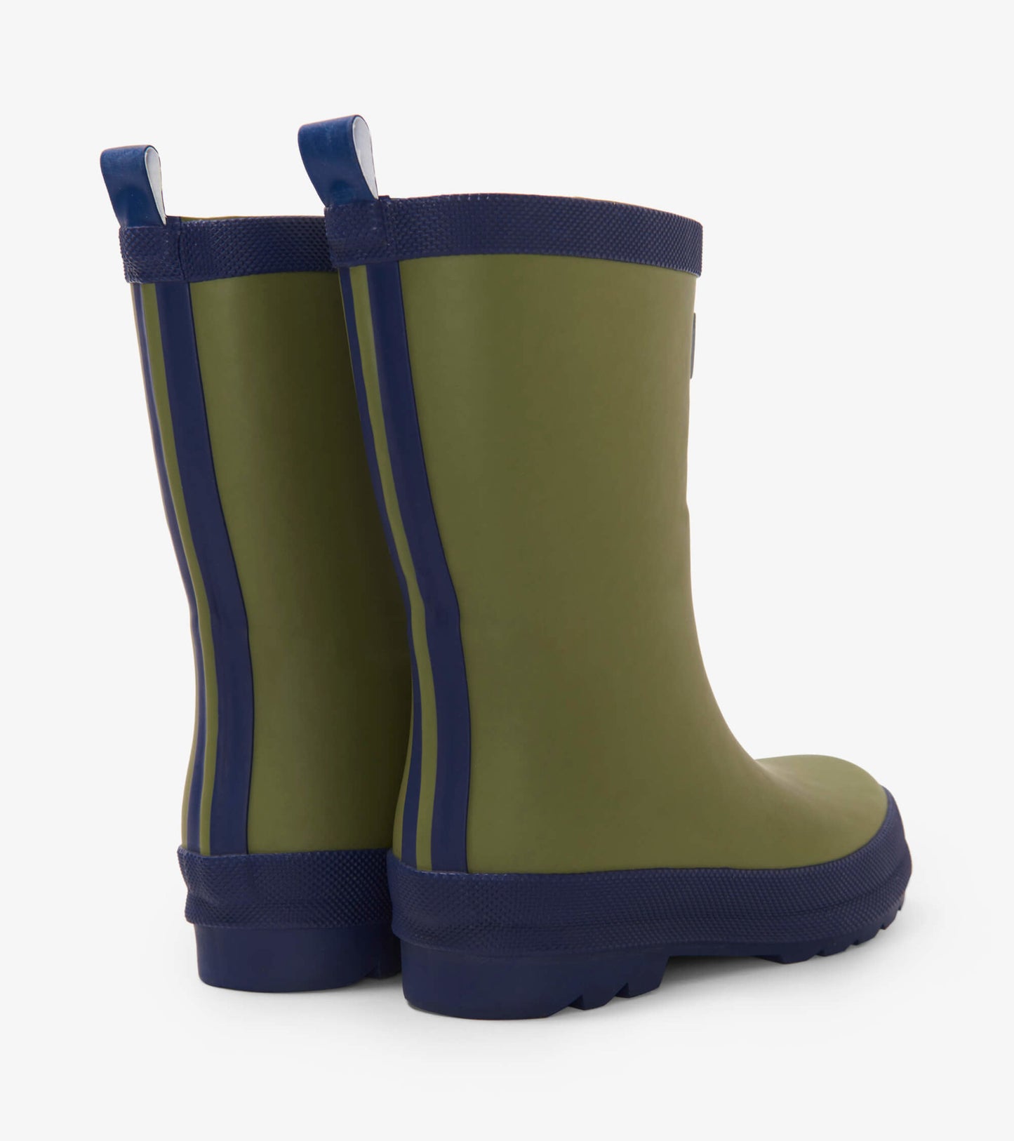 Forest green matte rain boots with navy accents and textured soles, designed for kids.